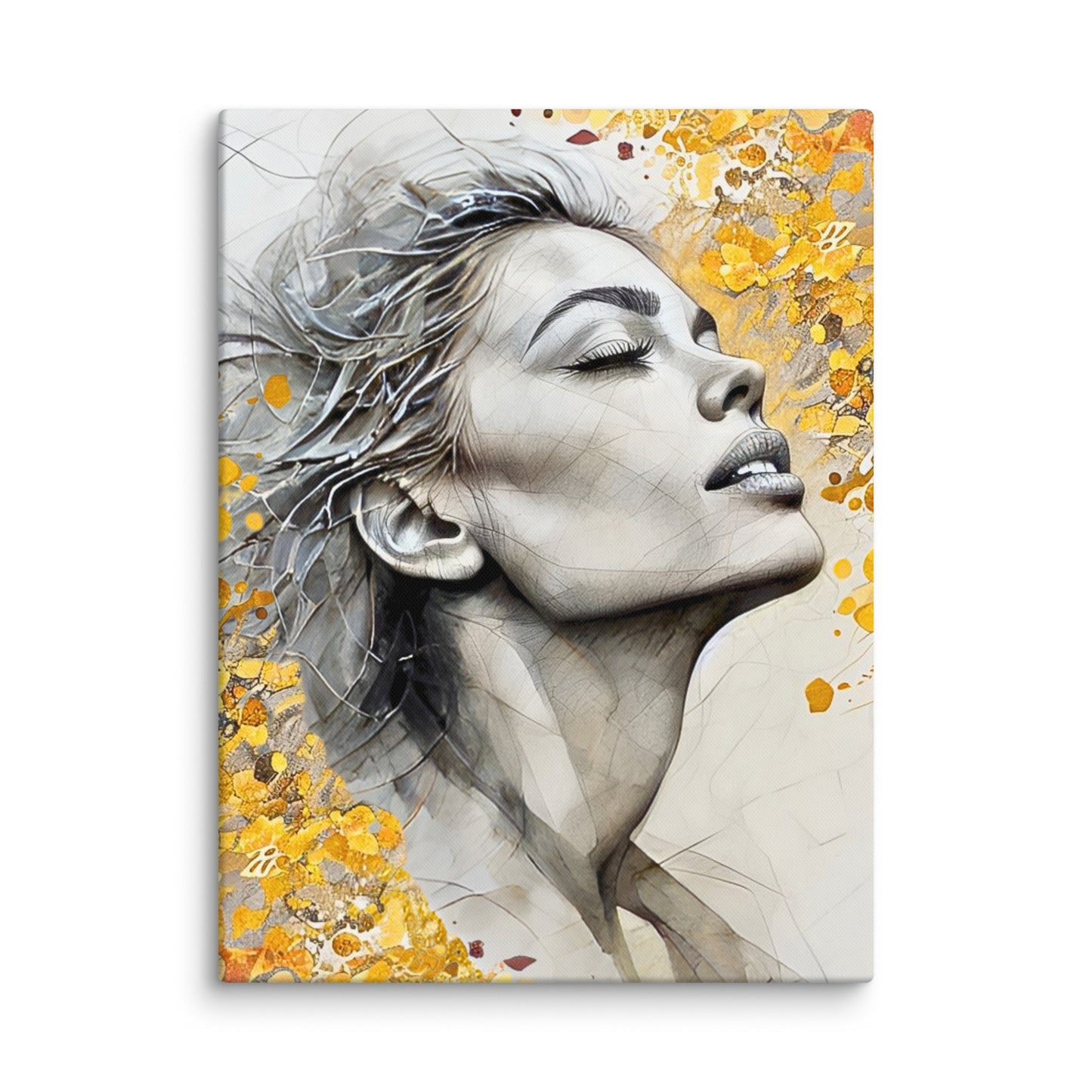 Abstract watercolor portrait of a woman's profile with a vibrant yellow and gold floral background. Feminine and inspirational modern wall art canvas.