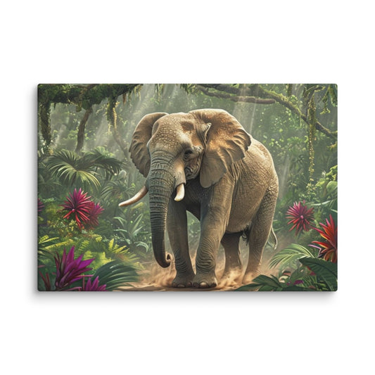Canvas wall art titled 'Majestic African Elephant,' featuring a detailed depiction of an elephant in a vibrant, lush jungle, perfect for nature-inspired and wildlife-themed home decor.