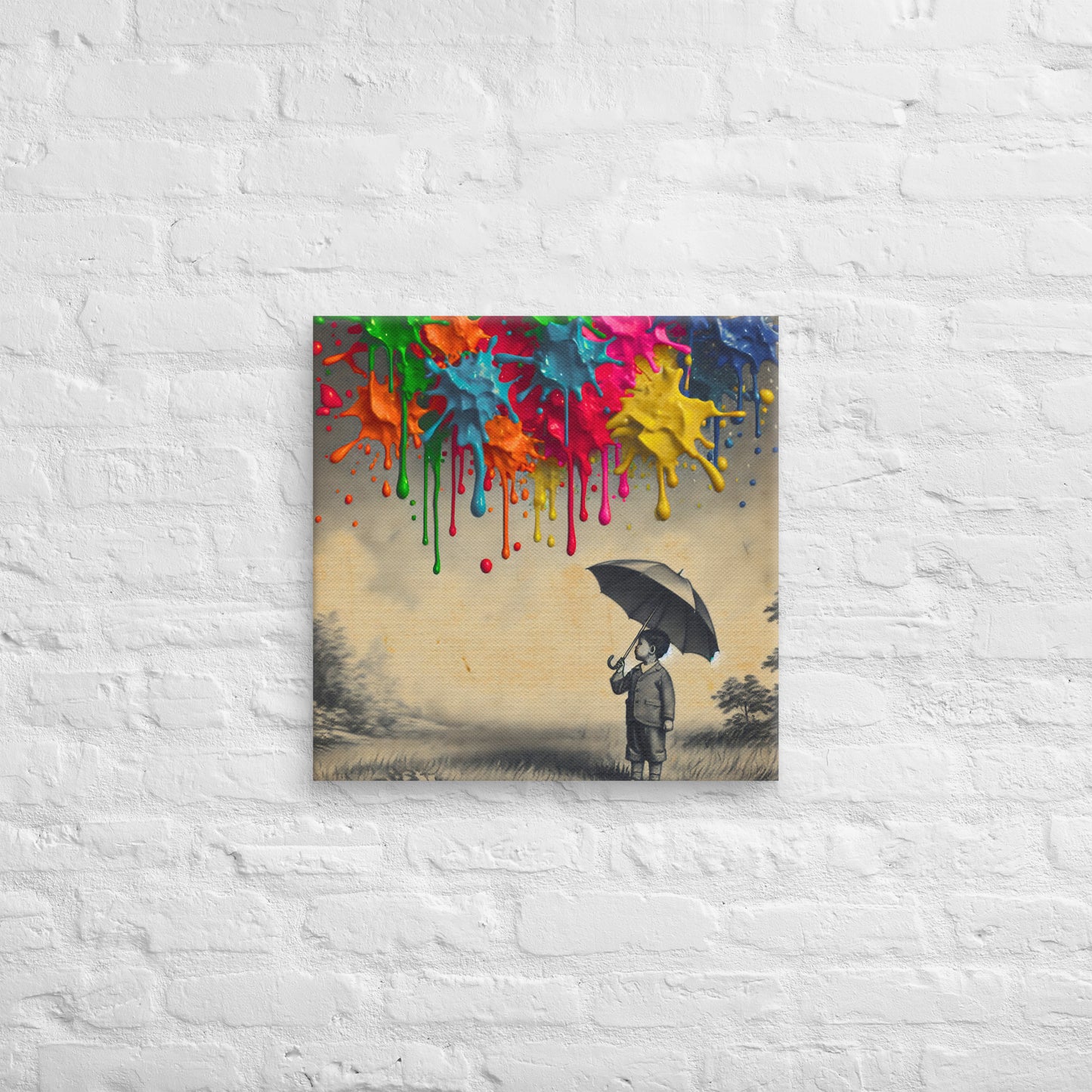 Canvas art titled 'Colorful Imagination,' featuring a child holding an umbrella surrounded by vibrant paint splashes, perfect for playful and creative home decor.