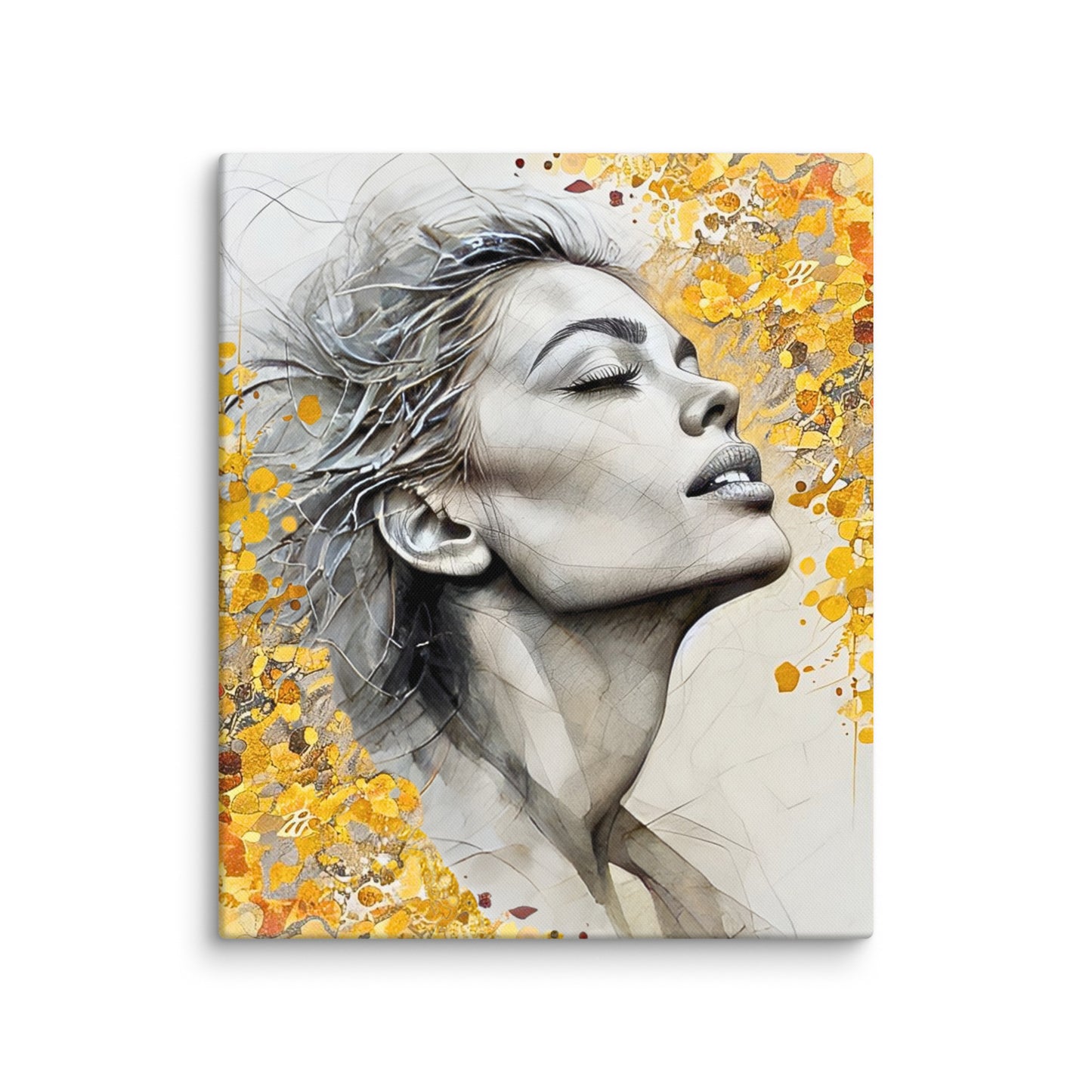 Abstract watercolor portrait of a woman's profile with a vibrant yellow and gold floral background. Feminine and inspirational modern wall art canvas.