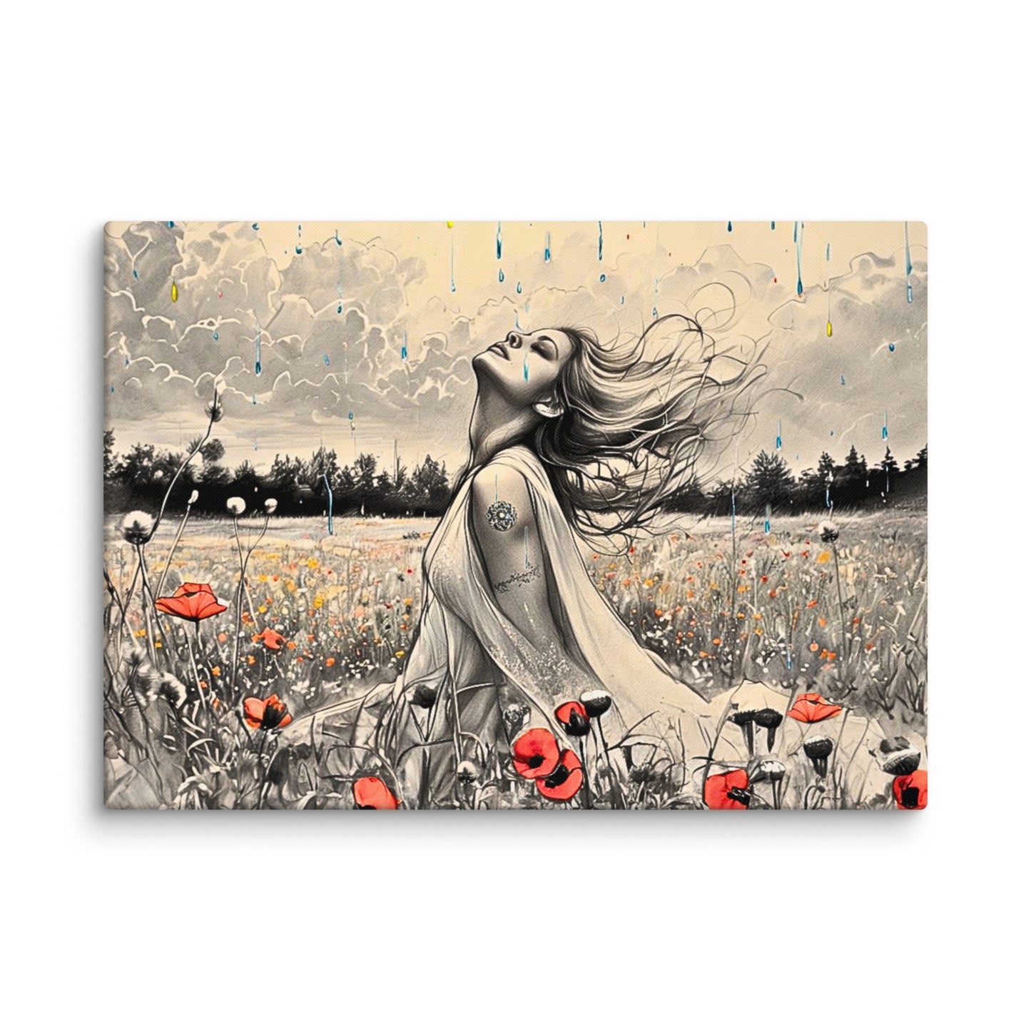 Canvas art titled 'Freedom in the Rain,' featuring a woman standing in a vibrant poppy field under a gentle rain, perfect for nature-inspired and emotional home decor.
