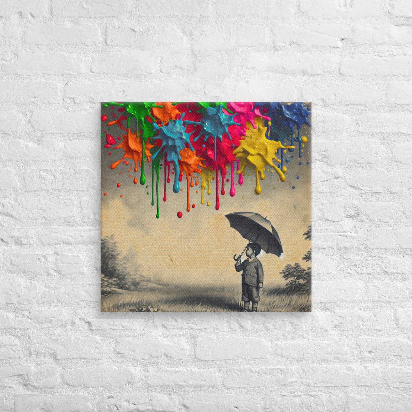Canvas art titled 'Colorful Imagination,' featuring a child holding an umbrella surrounded by vibrant paint splashes, perfect for playful and creative home decor.