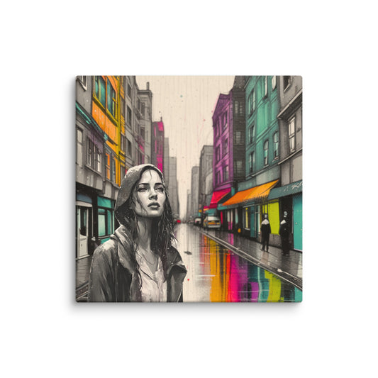 Canvas art titled 'Urban Soul,' featuring a street scene with a woman in a raincoat under city lights, perfect for modern urban and atmospheric home decor.