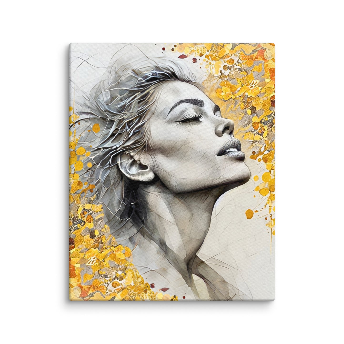 Abstract watercolor portrait of a woman's profile with a vibrant yellow and gold floral background. Feminine and inspirational modern wall art canvas.