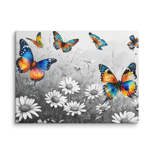Stretched "{{product-type}}" with vibrant, colourful butterflies flying over a black and white field of daisies. The "{{title}}" design is a beautiful piece of nature-inspired wall art.