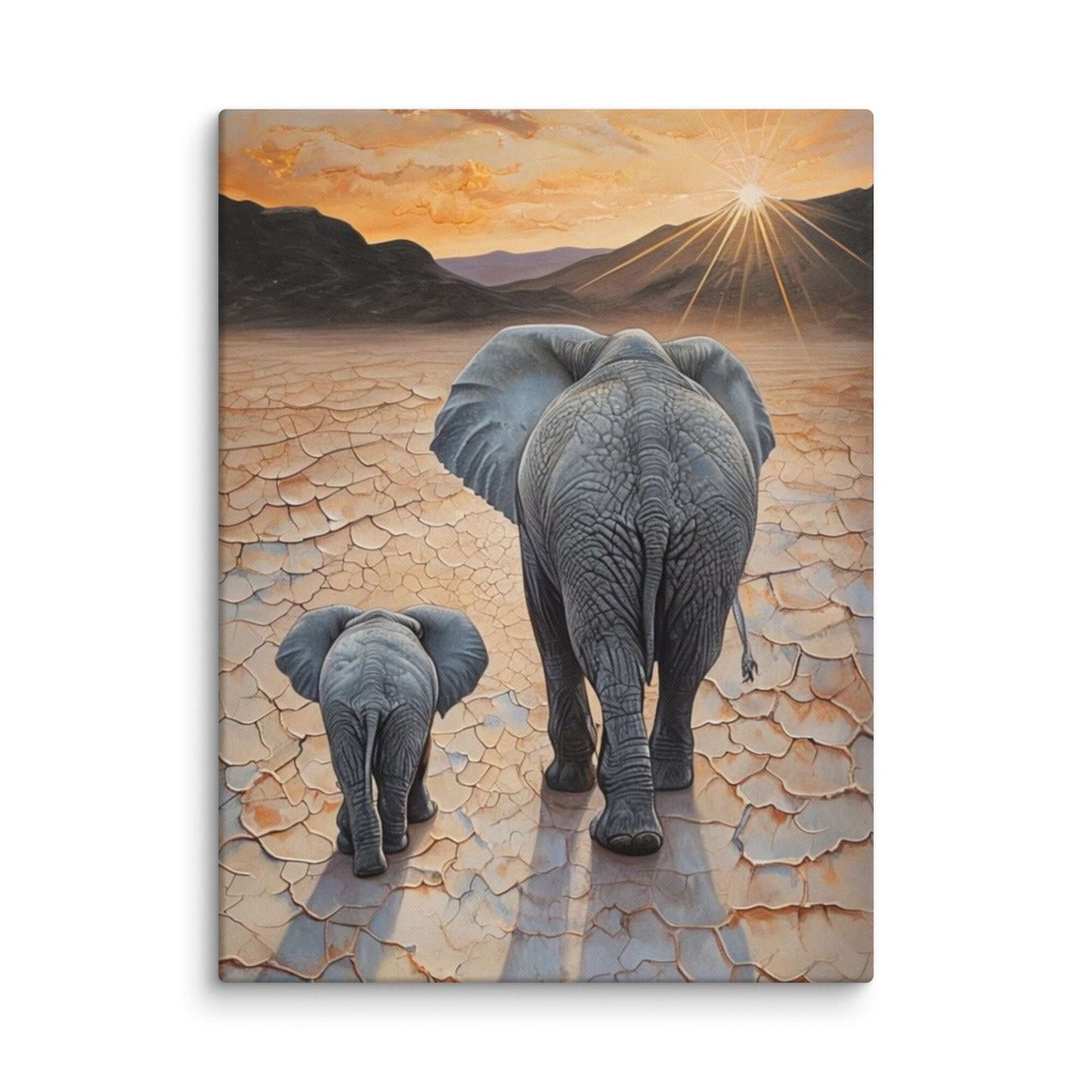 Stretched "{{product-type}}" with a mother and baby elephant at sunset, symbolising motherhood and family. The "{{title}}" design is ideal for nursery art.