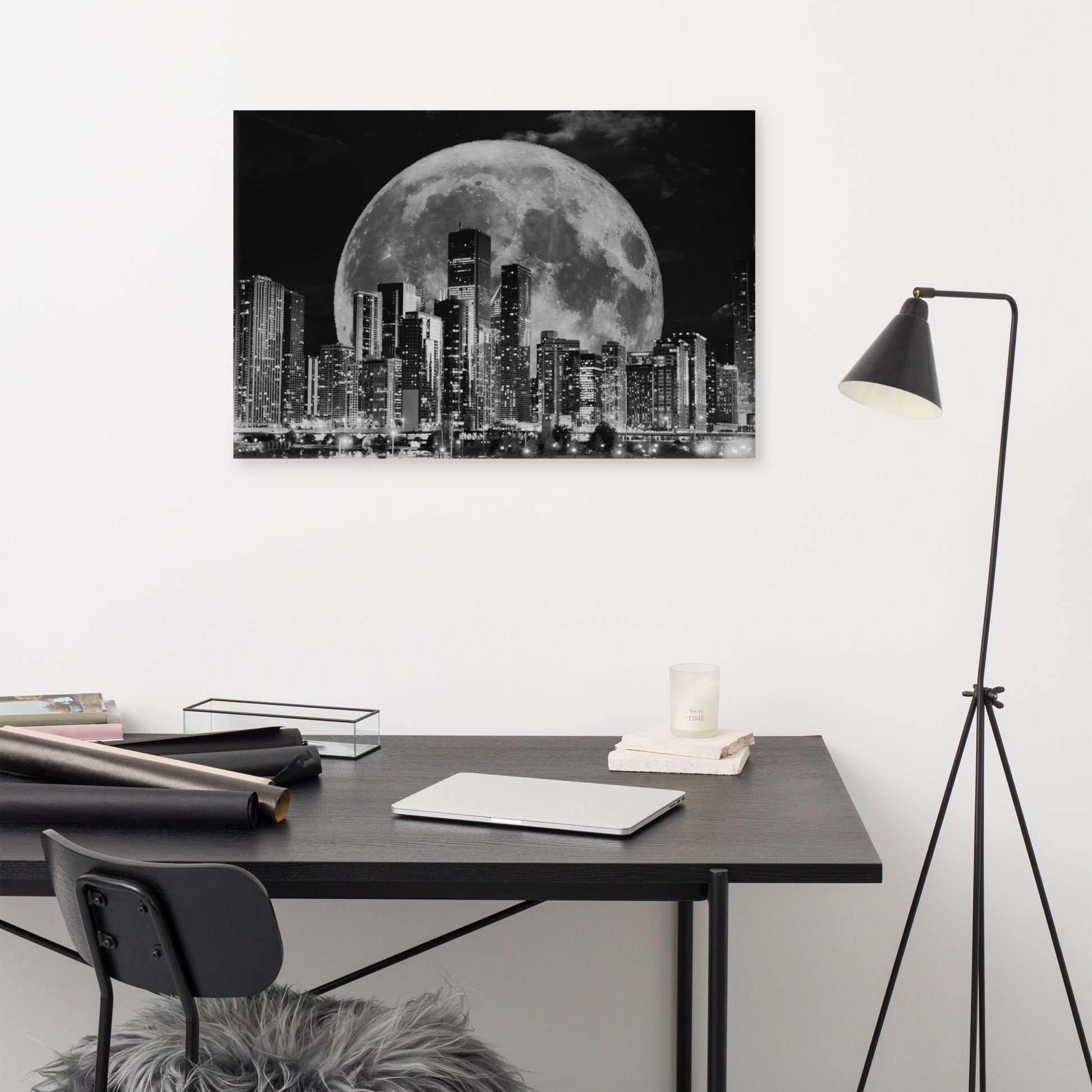 Canvas art titled 'Cityscape Moonlight,' featuring a black and white skyline illuminated by moonlight, perfect for modern urban and minimalist home decor.