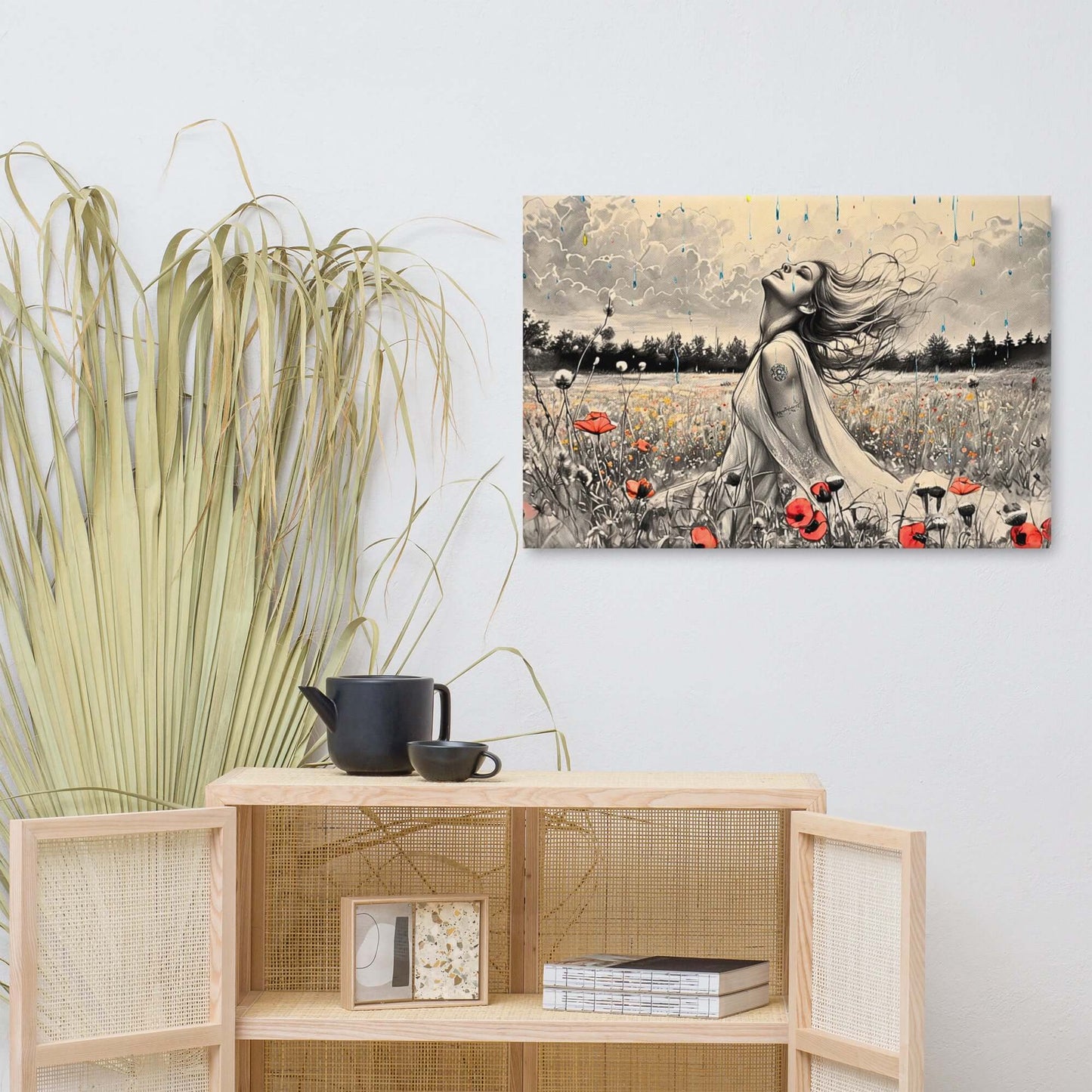 Canvas art titled 'Freedom in the Rain,' featuring a woman standing in a vibrant poppy field under a gentle rain, perfect for nature-inspired and emotional home decor.
