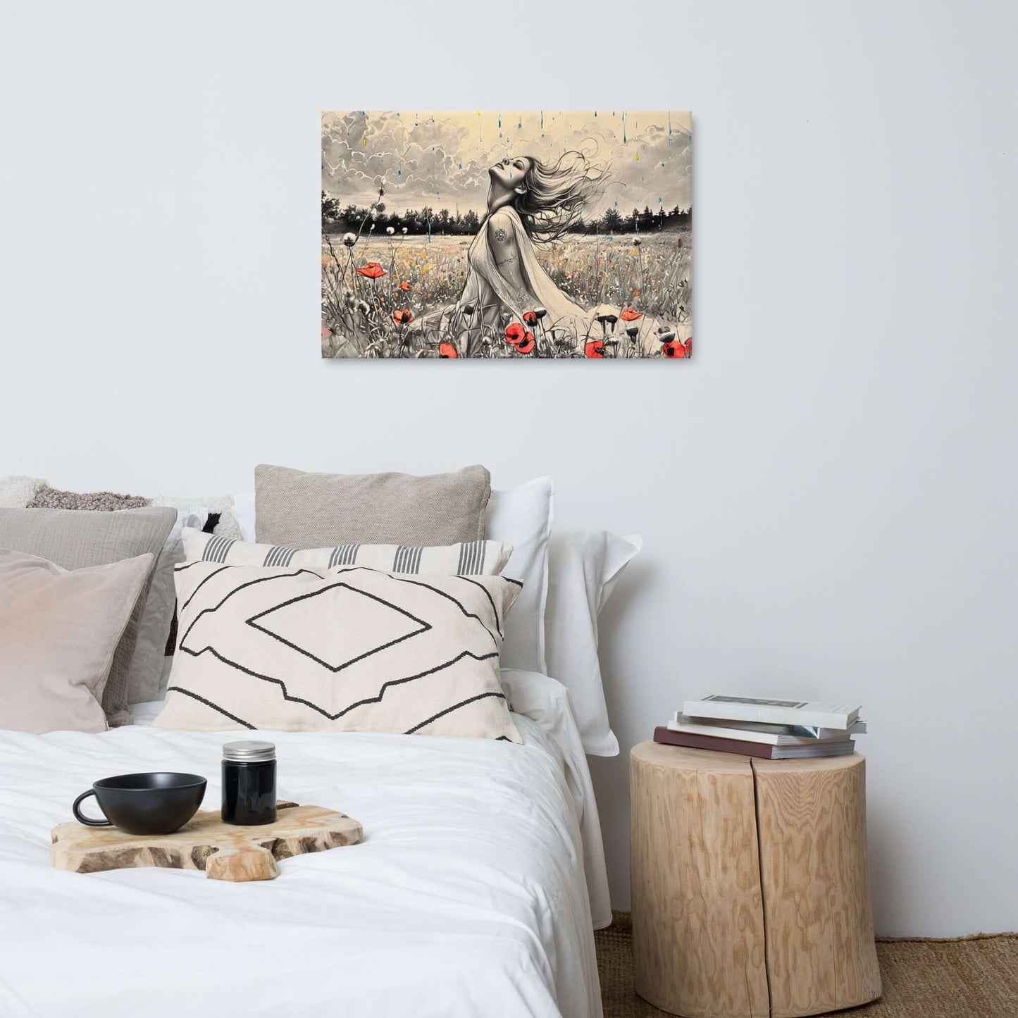 Canvas art titled 'Freedom in the Rain,' featuring a woman standing in a vibrant poppy field under a gentle rain, perfect for nature-inspired and emotional home decor.