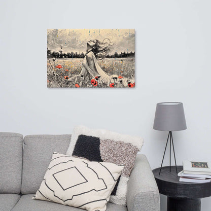 Canvas art titled 'Freedom in the Rain,' featuring a woman standing in a vibrant poppy field under a gentle rain, perfect for nature-inspired and emotional home decor.