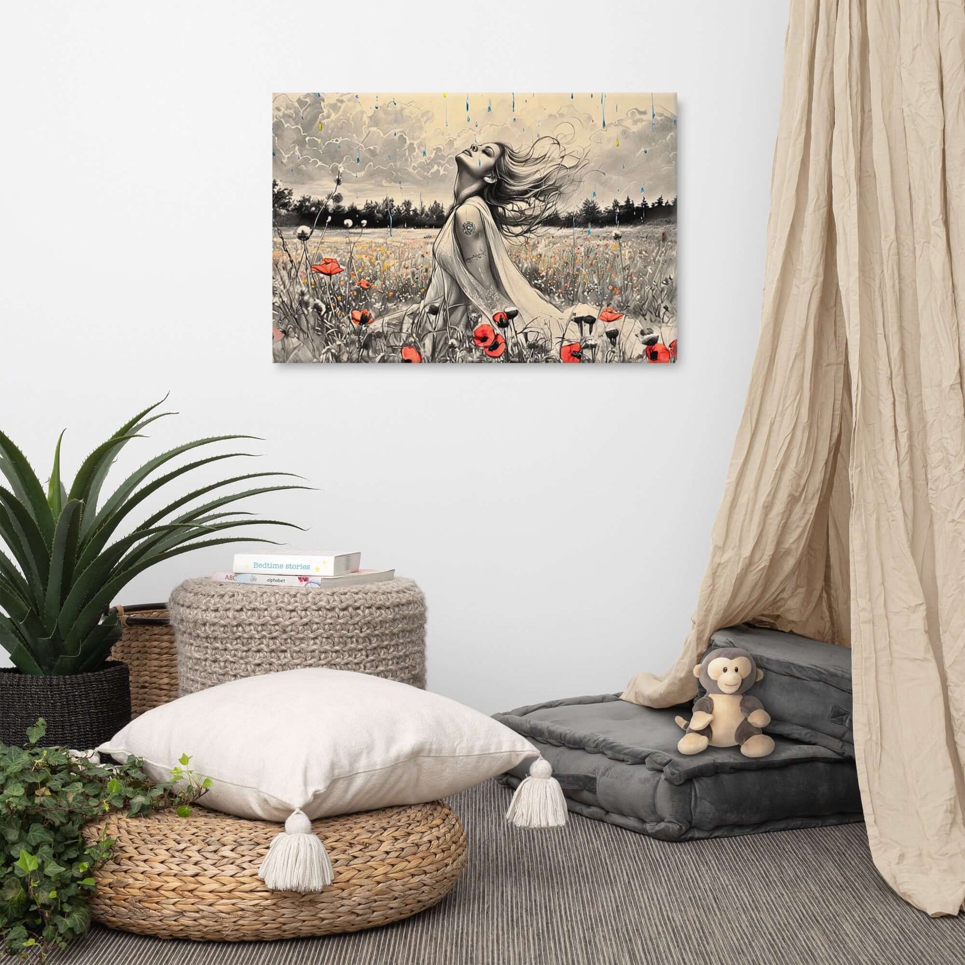 Canvas art titled 'Freedom in the Rain,' featuring a woman standing in a vibrant poppy field under a gentle rain, perfect for nature-inspired and emotional home decor.