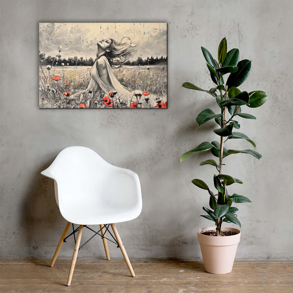 Canvas art titled 'Freedom in the Rain,' featuring a woman standing in a vibrant poppy field under a gentle rain, perfect for nature-inspired and emotional home decor.