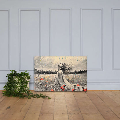 Canvas art titled 'Freedom in the Rain,' featuring a woman standing in a vibrant poppy field under a gentle rain, perfect for nature-inspired and emotional home decor.