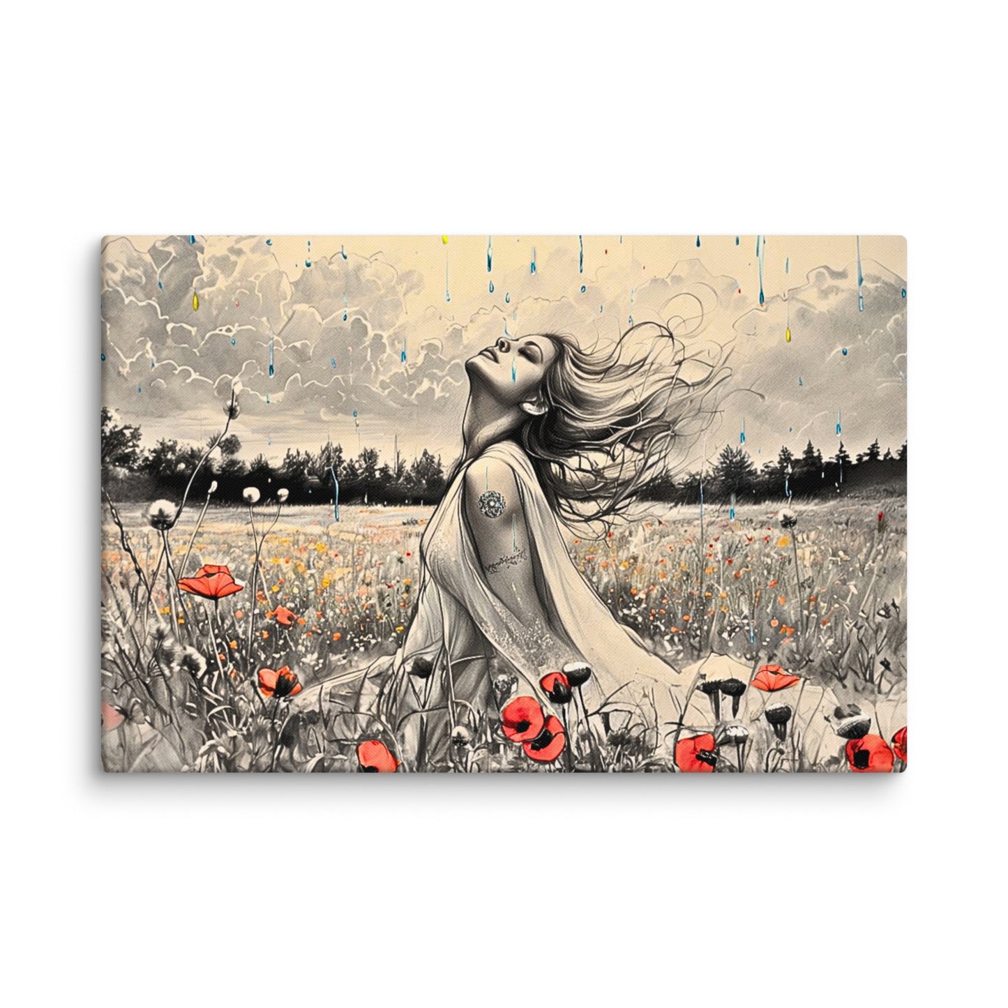 Canvas art titled 'Freedom in the Rain,' featuring a woman standing in a vibrant poppy field under a gentle rain, perfect for nature-inspired and emotional home decor.