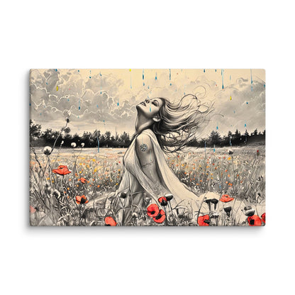 Canvas art titled 'Freedom in the Rain,' featuring a woman standing in a vibrant poppy field under a gentle rain, perfect for nature-inspired and emotional home decor.