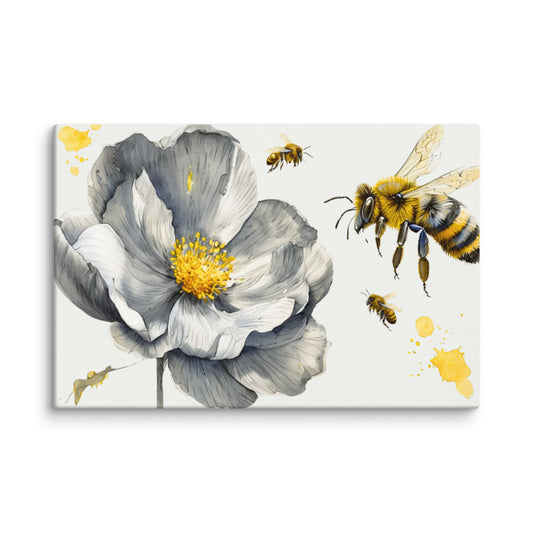 Stretched "{{product-type}}" with a beautiful watercolour design of a busy bee next to a grey flower. The "{{title}}" art is perfect for adding a touch of nature and purpose to a room.