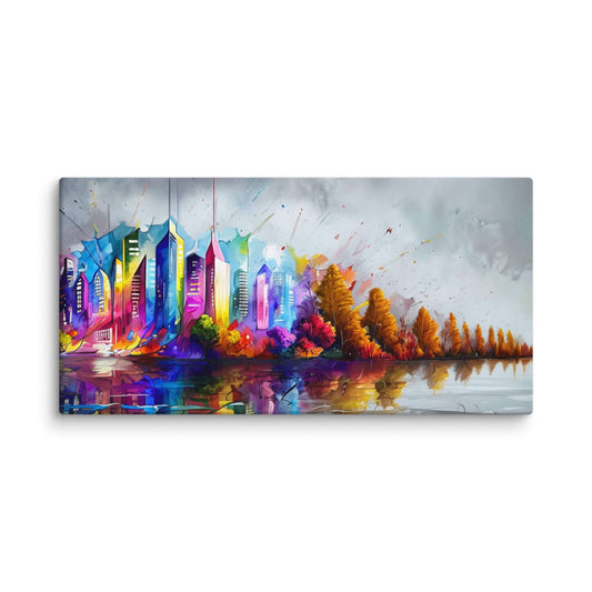 Stretched "{{product-type}}" with a colourful abstract cityscape and autumn trees reflected in water. The "{{title}}" design is a vibrant piece of modern wall art.