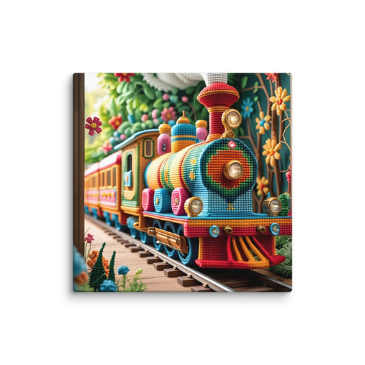 Transform your nursery with our whimsical cross-stitch train canvas. Handcrafted textile art featuring vibrant colors and charming design, perfect for stimulating young minds and adding unique warmth to baby's room.

