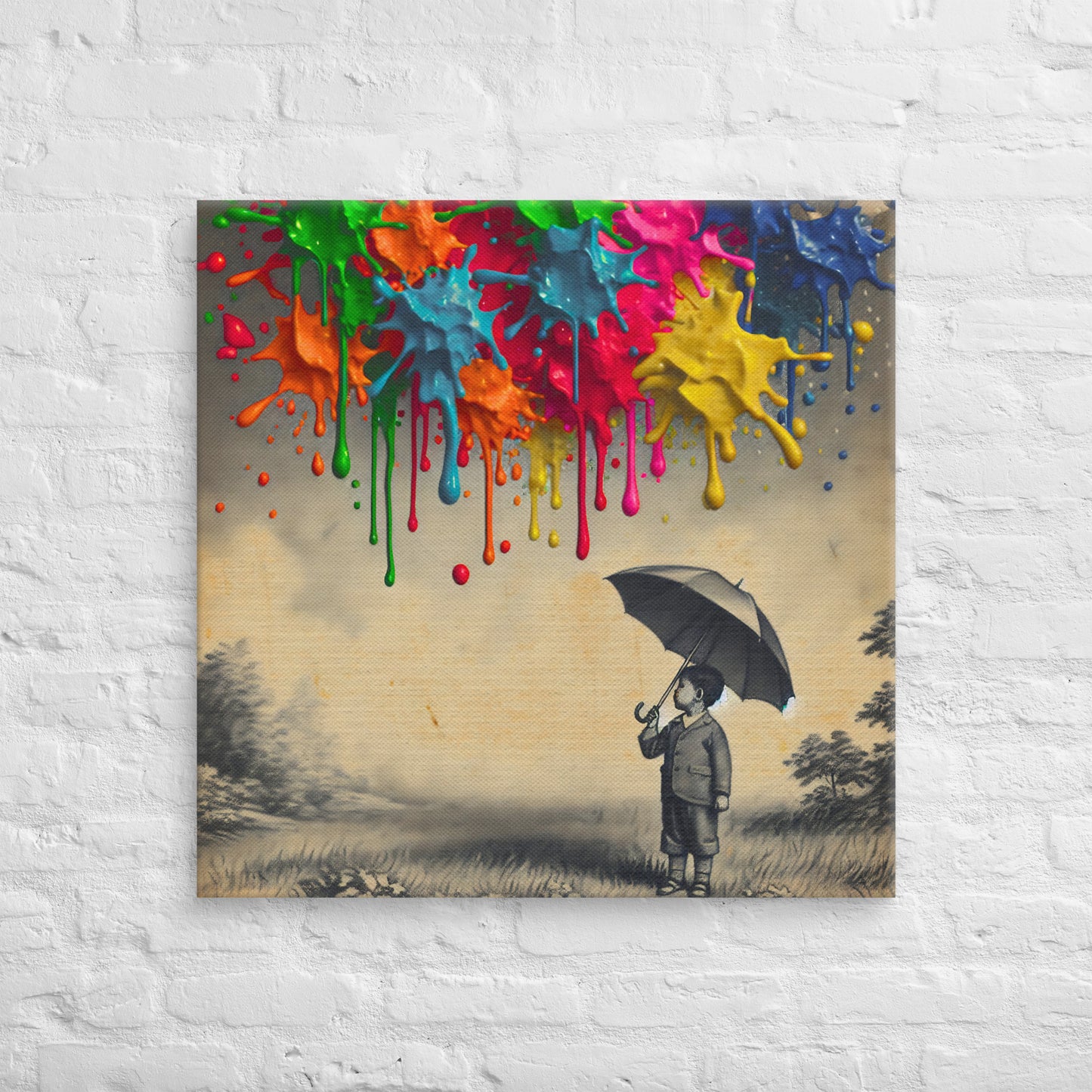 Canvas art titled 'Colorful Imagination,' featuring a child holding an umbrella surrounded by vibrant paint splashes, perfect for playful and creative home decor.