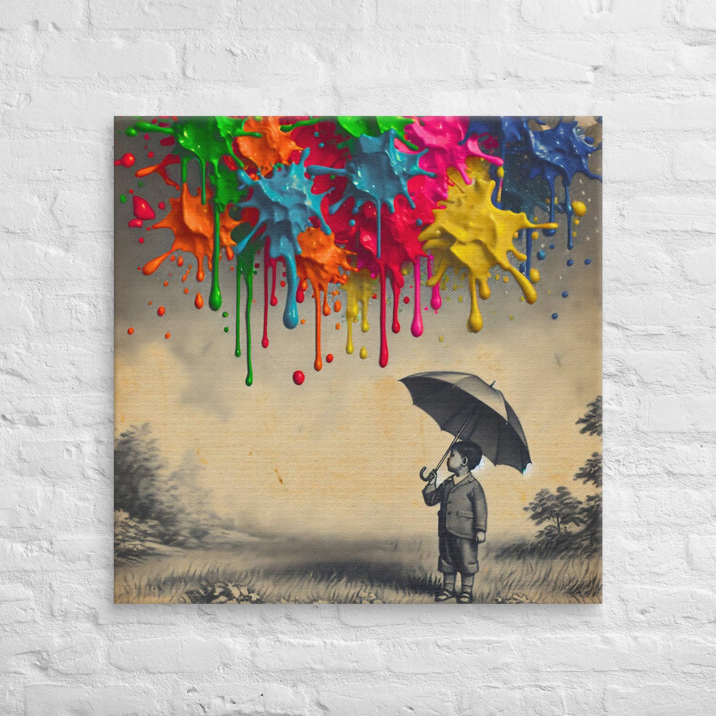 Canvas art titled 'Colorful Imagination,' featuring a child holding an umbrella surrounded by vibrant paint splashes, perfect for playful and creative home decor.