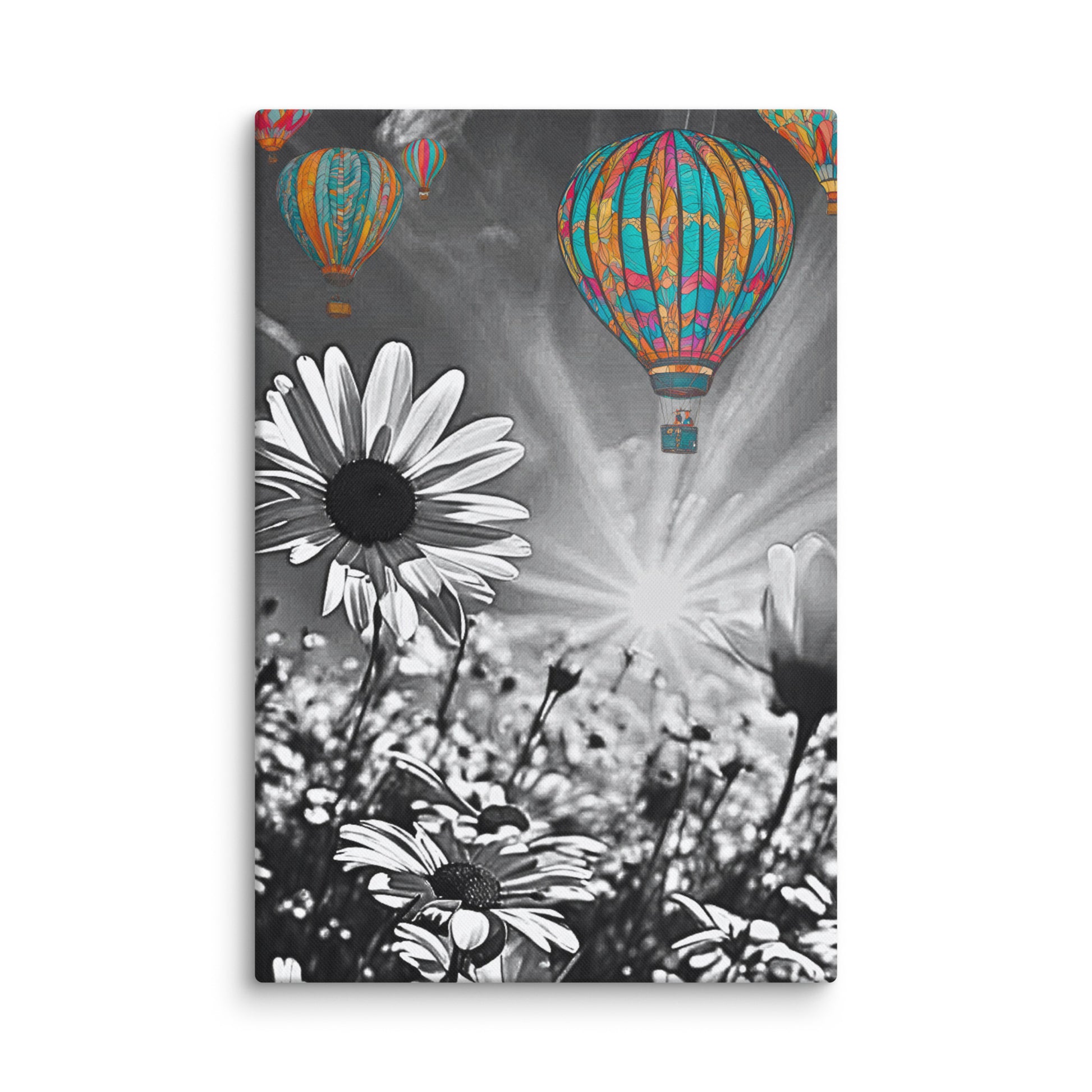 Vibrant colorful hot air balloons floating over a black and white daisy field. Unique contrast photography art print for modern and eclectic home decor.