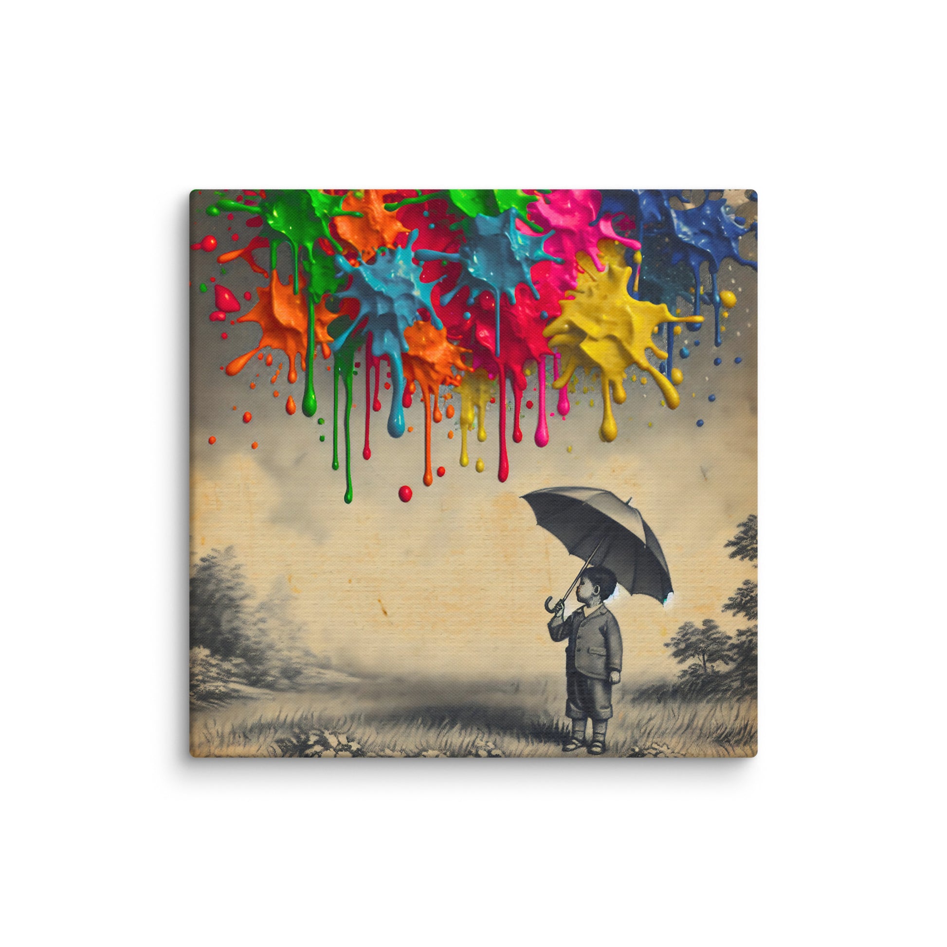 Canvas art titled 'Colorful Imagination,' featuring a child holding an umbrella surrounded by vibrant paint splashes, perfect for playful and creative home decor.