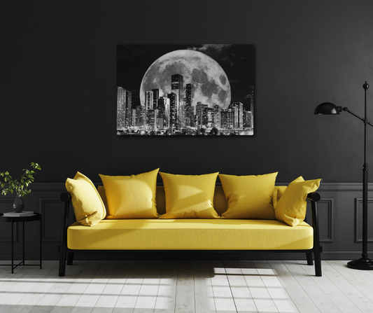 Canvas art titled 'Cityscape Moonlight,' featuring a black and white skyline illuminated by moonlight, perfect for modern urban and minimalist home decor.