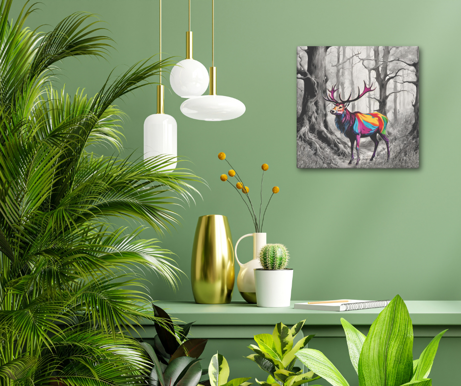 Canvas art titled 'Vibrant Stag,' featuring a colorful deer in a lush forest setting, perfect for nature-inspired and bold home decor.