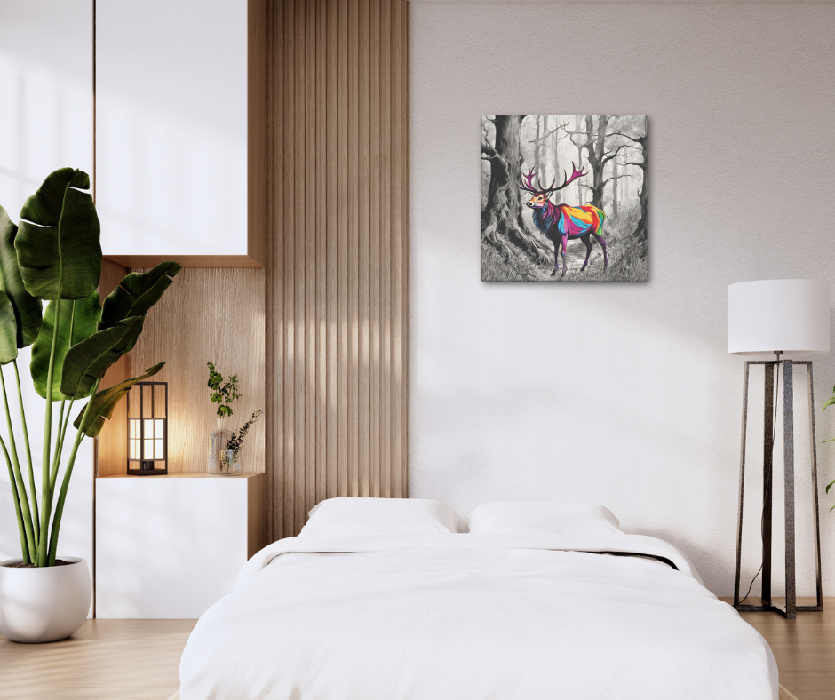 Canvas art titled 'Vibrant Stag,' featuring a colorful deer in a lush forest setting, perfect for nature-inspired and bold home decor.
