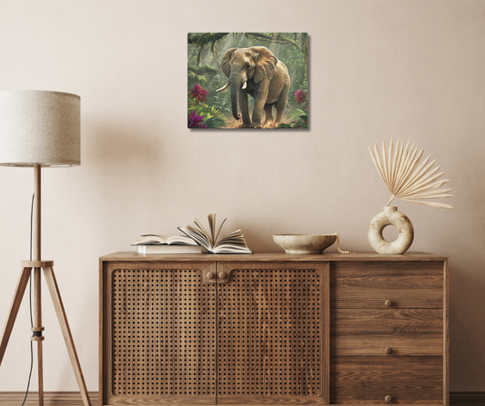 Canvas wall art titled 'Majestic African Elephant,' featuring a detailed depiction of an elephant in a vibrant, lush jungle, perfect for nature-inspired and wildlife-themed home decor.