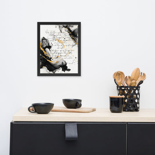 Framed scripture art poster with black and gold abstract marble design. Features the Lord's Prayer in elegant calligraphy. Ideal for religious home decor and inspirational wall art.