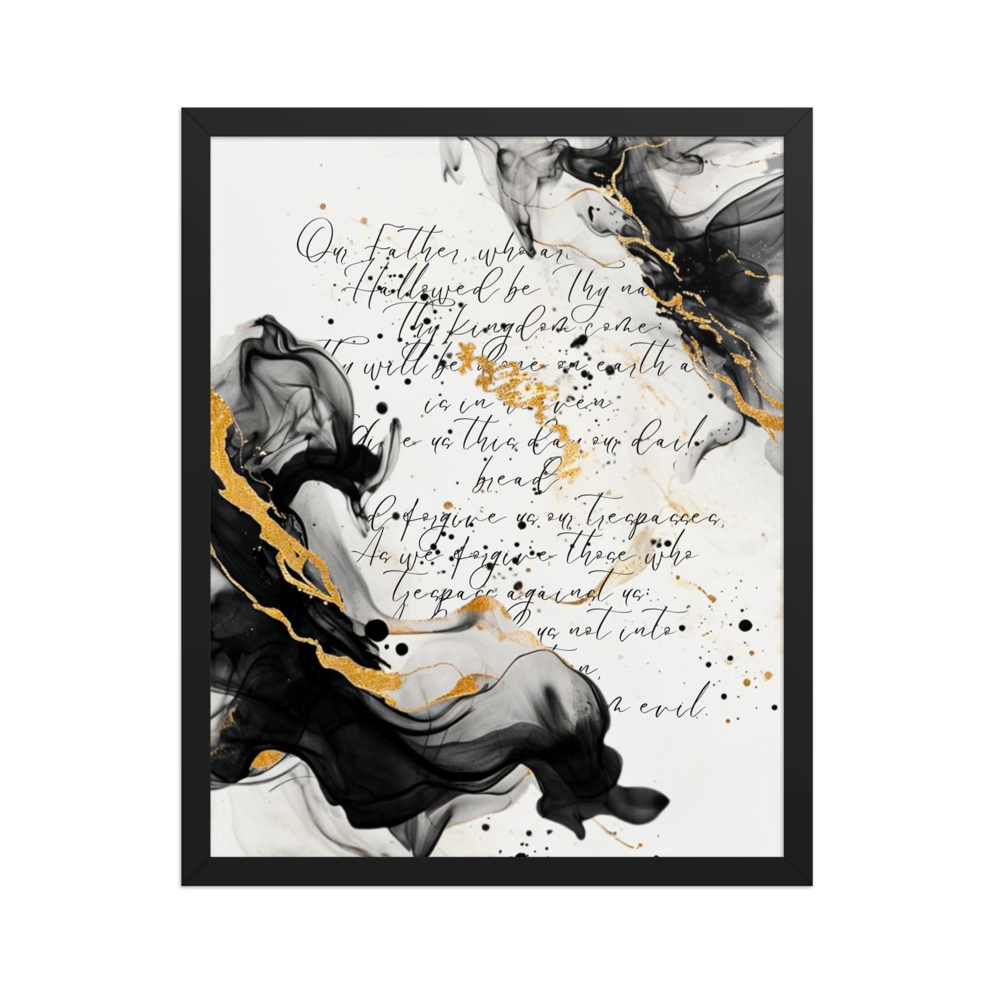 Framed scripture art poster with black and gold abstract marble design. Features the Lord's Prayer in elegant calligraphy. Ideal for religious home decor and inspirational wall art.