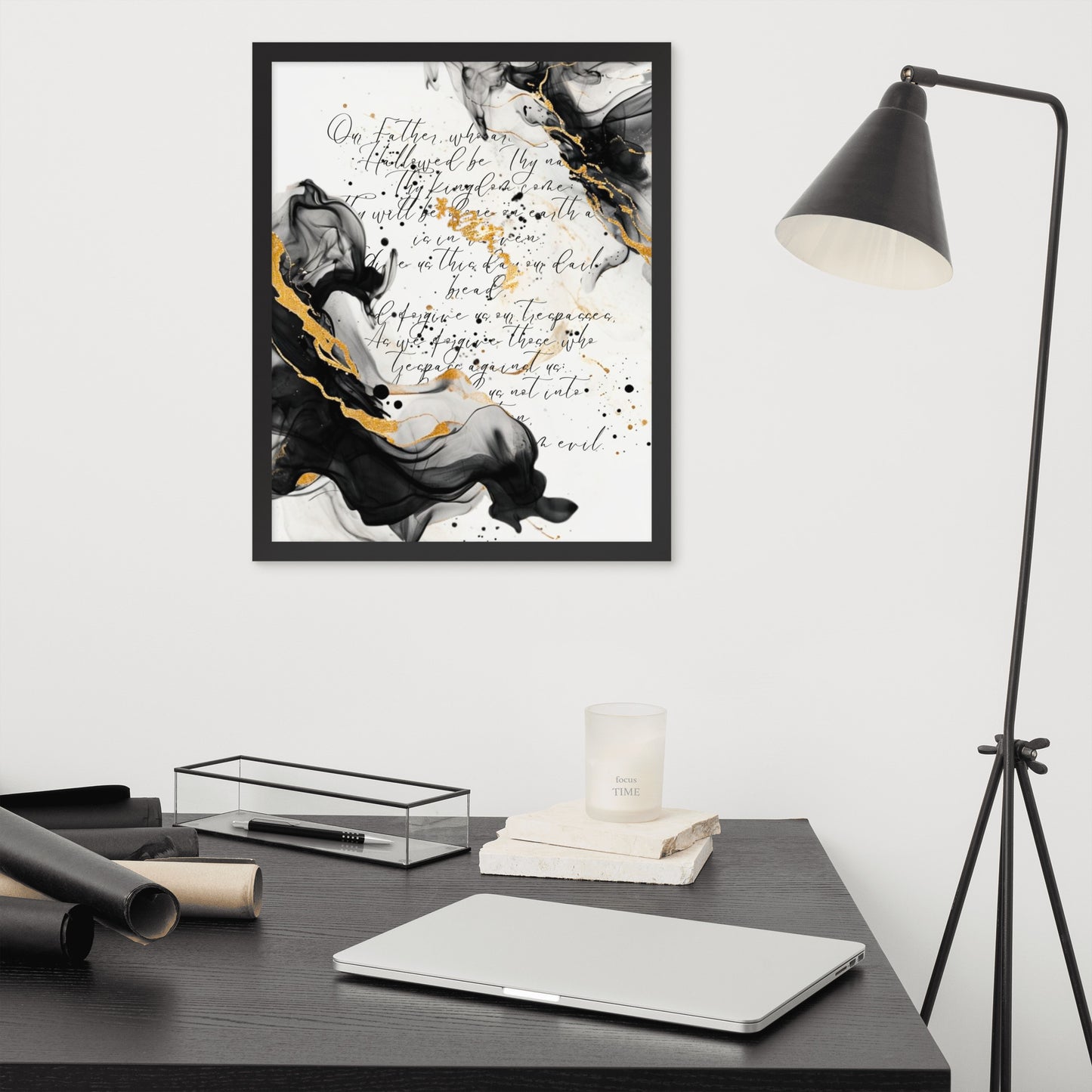 Framed scripture art poster with black and gold abstract marble design. Features the Lord's Prayer in elegant calligraphy. Ideal for religious home decor and inspirational wall art.