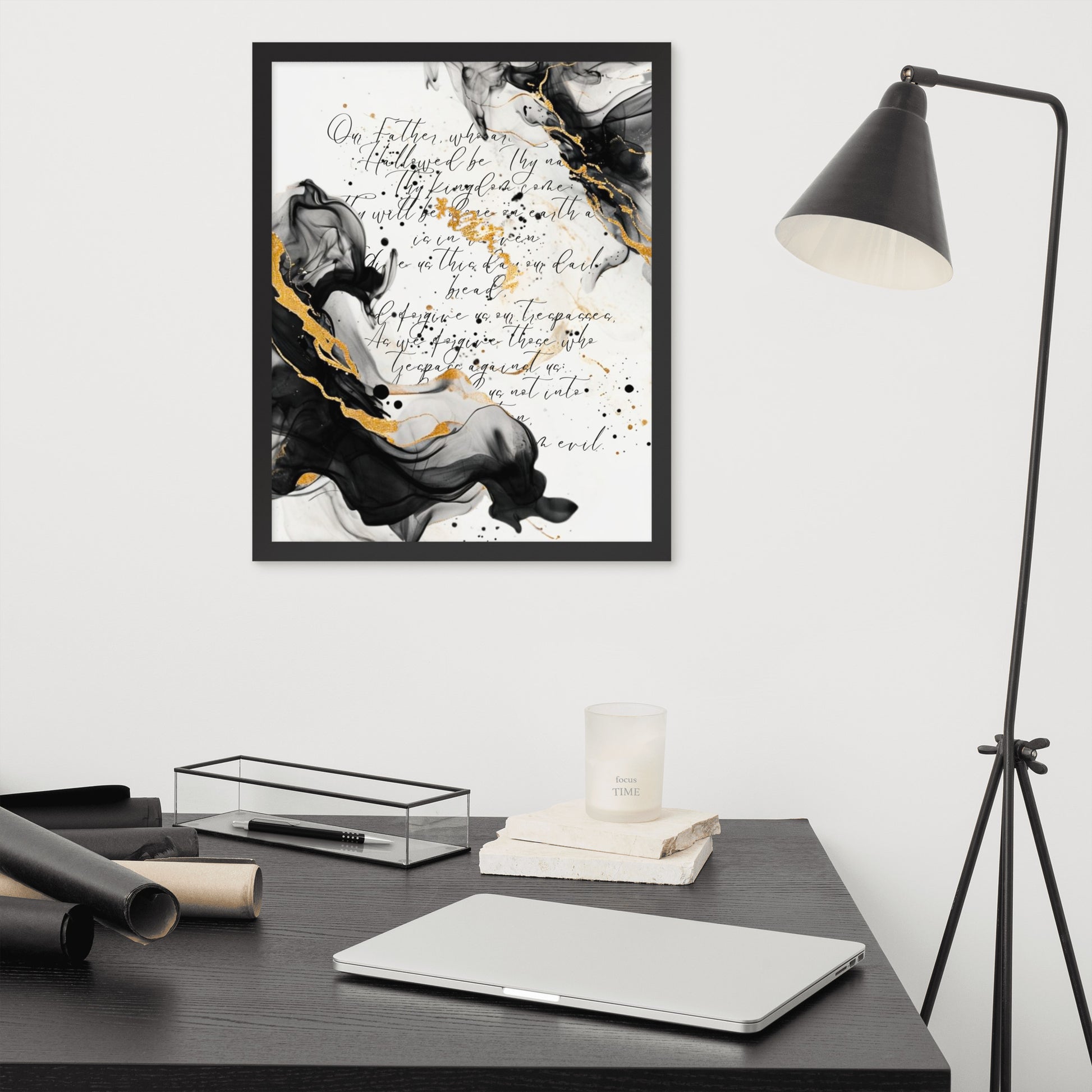 Framed scripture art poster with black and gold abstract marble design. Features the Lord's Prayer in elegant calligraphy. Ideal for religious home decor and inspirational wall art.