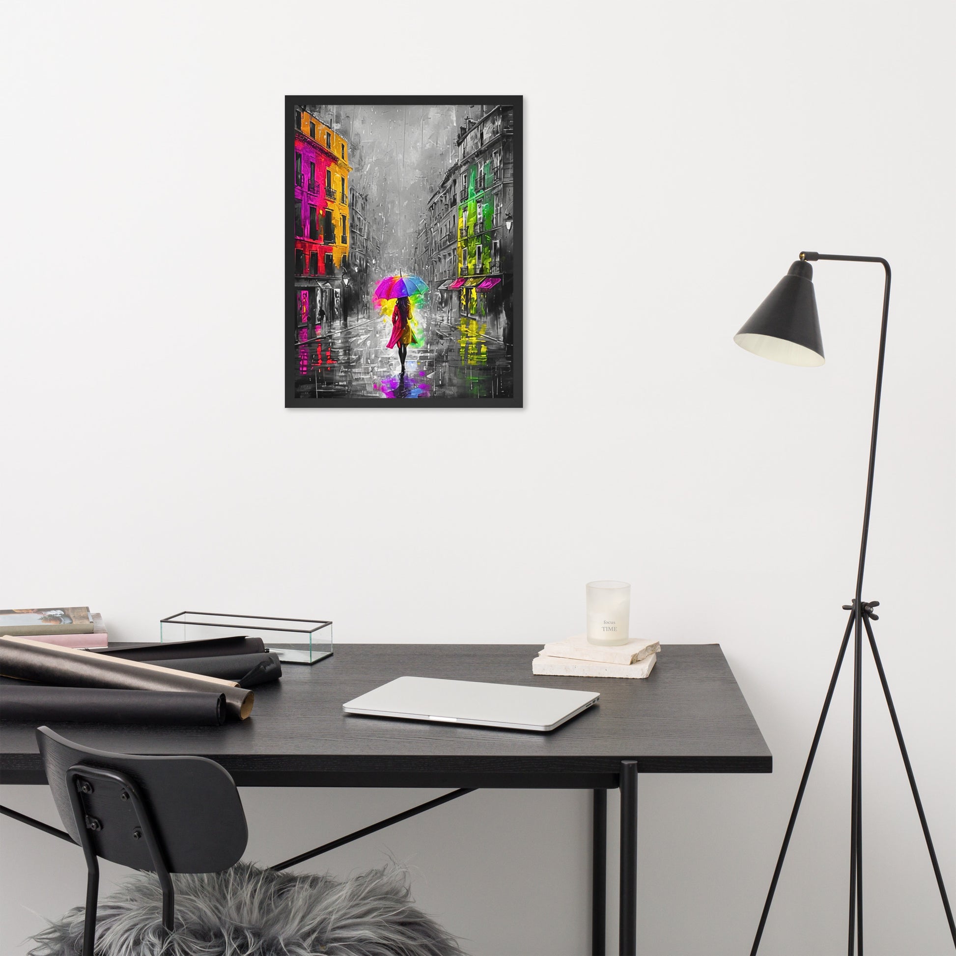 Black framed "{{product-type}}" featuring an abstract black and white portrait with splashes of gold. The "{{title}}" design is an elegant and modern piece of art for inner peace.