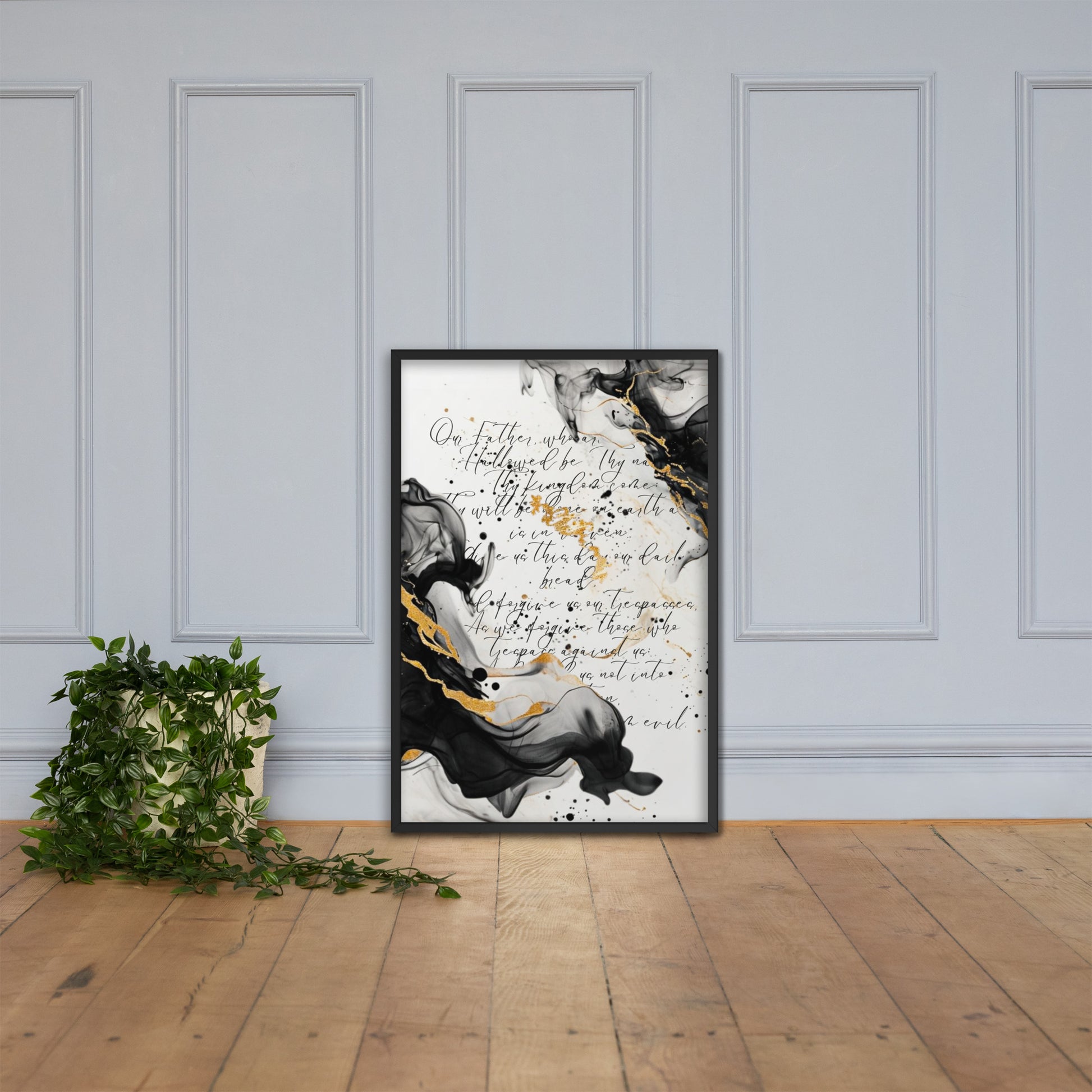 Framed scripture art poster with black and gold abstract marble design. Features the Lord's Prayer in elegant calligraphy. Ideal for religious home decor and inspirational wall art.