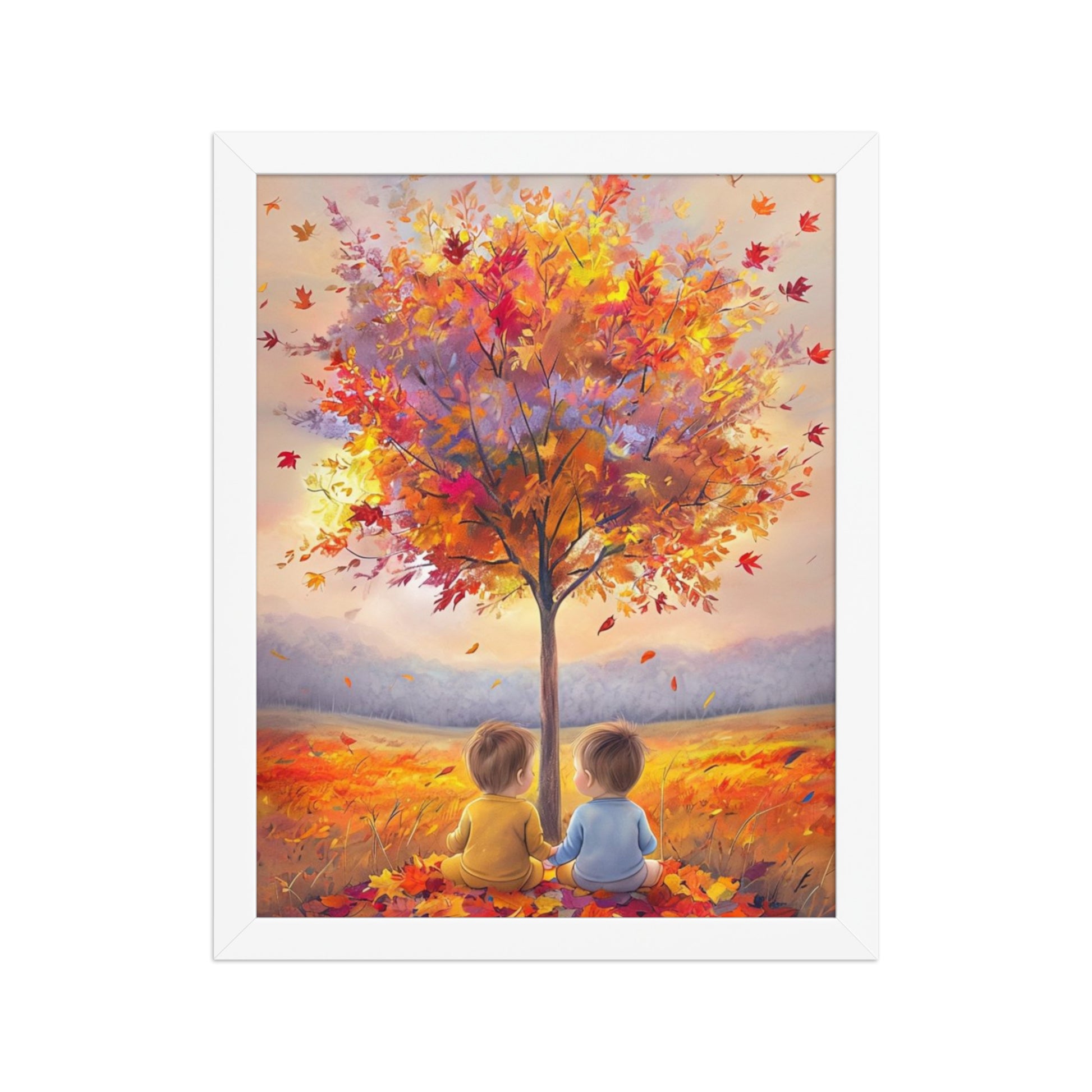 Celebrate the unique bond of twins with "Our Little Acorns," a heartwarming autumn-themed framed print. Perfect for nurseries or any family space, this art piece beautifully symbolizes growth, companionship, and the precious memories of childhood. A meaningful gift for twin parents.