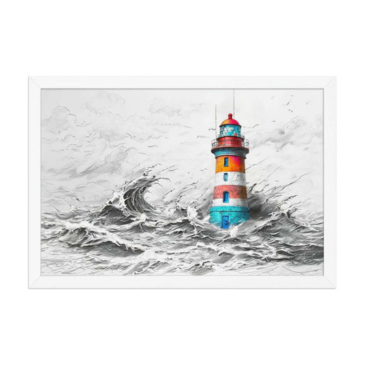 Framed "{{product-type}}" featuring a colourful lighthouse in a stormy sea, symbolising strength and resilience. The "{{title}}" design is an inspirational piece of coastal wall art.