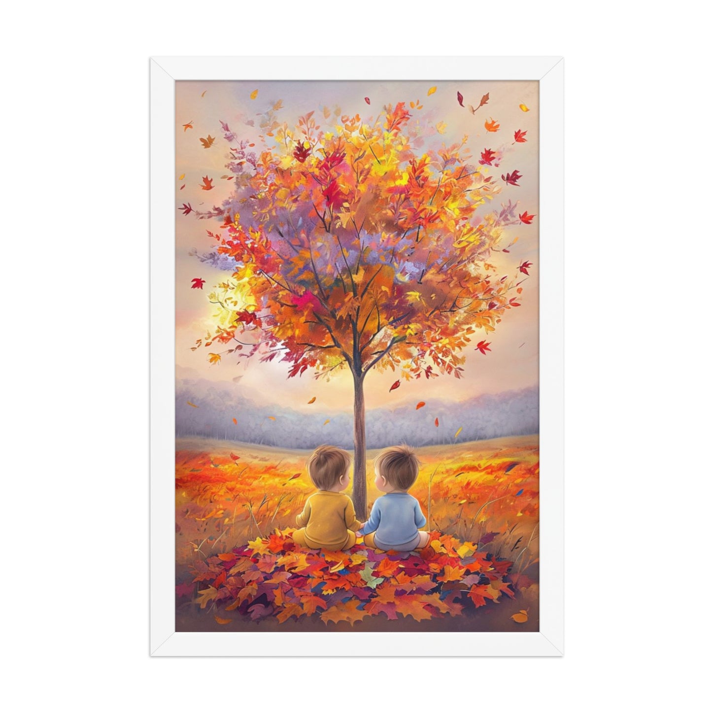 Celebrate the unique bond of twins with "Our Little Acorns," a heartwarming autumn-themed framed print. Perfect for nurseries or any family space, this art piece beautifully symbolizes growth, companionship, and the precious memories of childhood. A meaningful gift for twin parents.