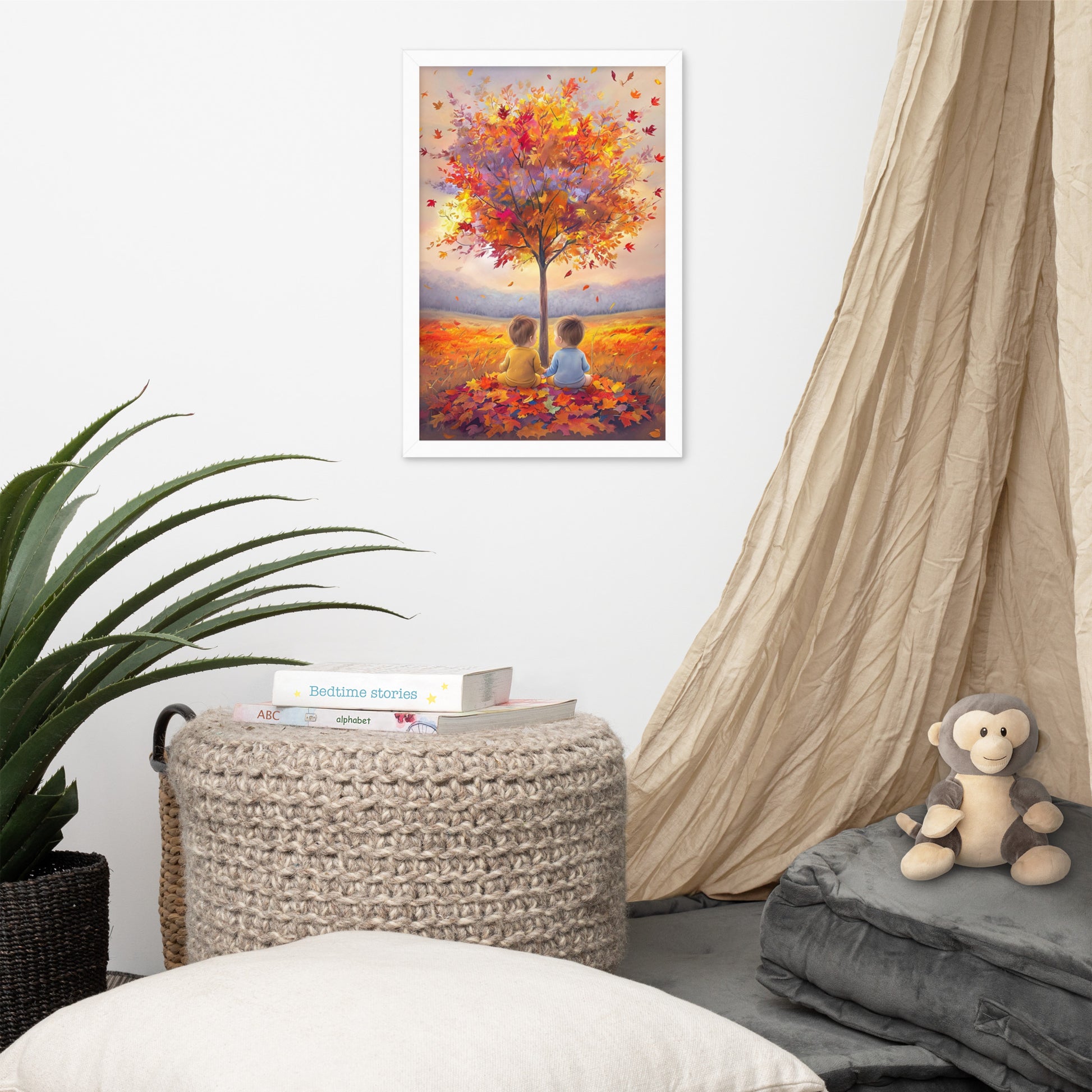 Celebrate the unique bond of twins with "Our Little Acorns," a heartwarming autumn-themed framed print. Perfect for nurseries or any family space, this art piece beautifully symbolizes growth, companionship, and the precious memories of childhood. A meaningful gift for twin parents.