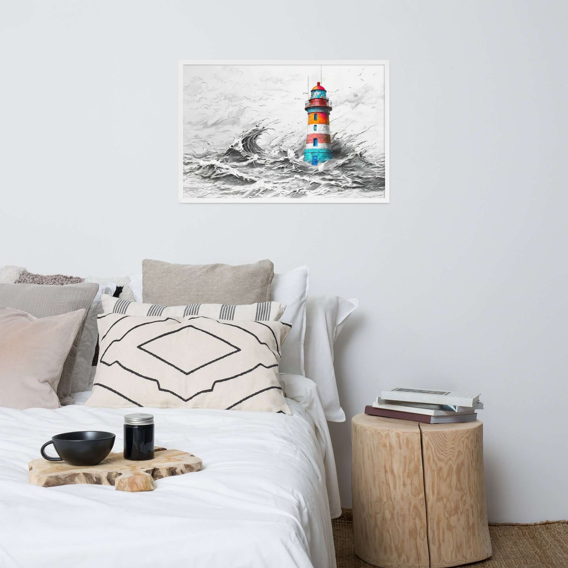 Framed "{{product-type}}" featuring a colourful lighthouse in a stormy sea, symbolising strength and resilience. The "{{title}}" design is an inspirational piece of coastal wall art.