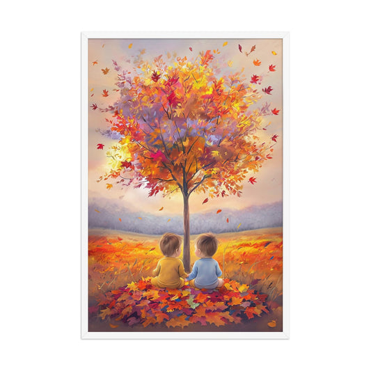 Celebrate the unique bond of twins with "Our Little Acorns," a heartwarming autumn-themed framed print. Perfect for nurseries or any family space, this art piece beautifully symbolizes growth, companionship, and the precious memories of childhood. A meaningful gift for twin parents.