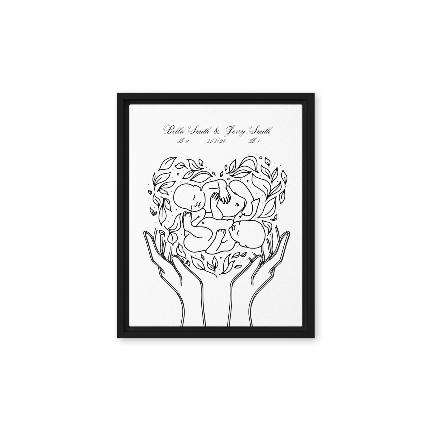 Personalized twins canvas art featuring custom line art design with names and birth details, perfect for celebrating twins and enhancing nursery decor.