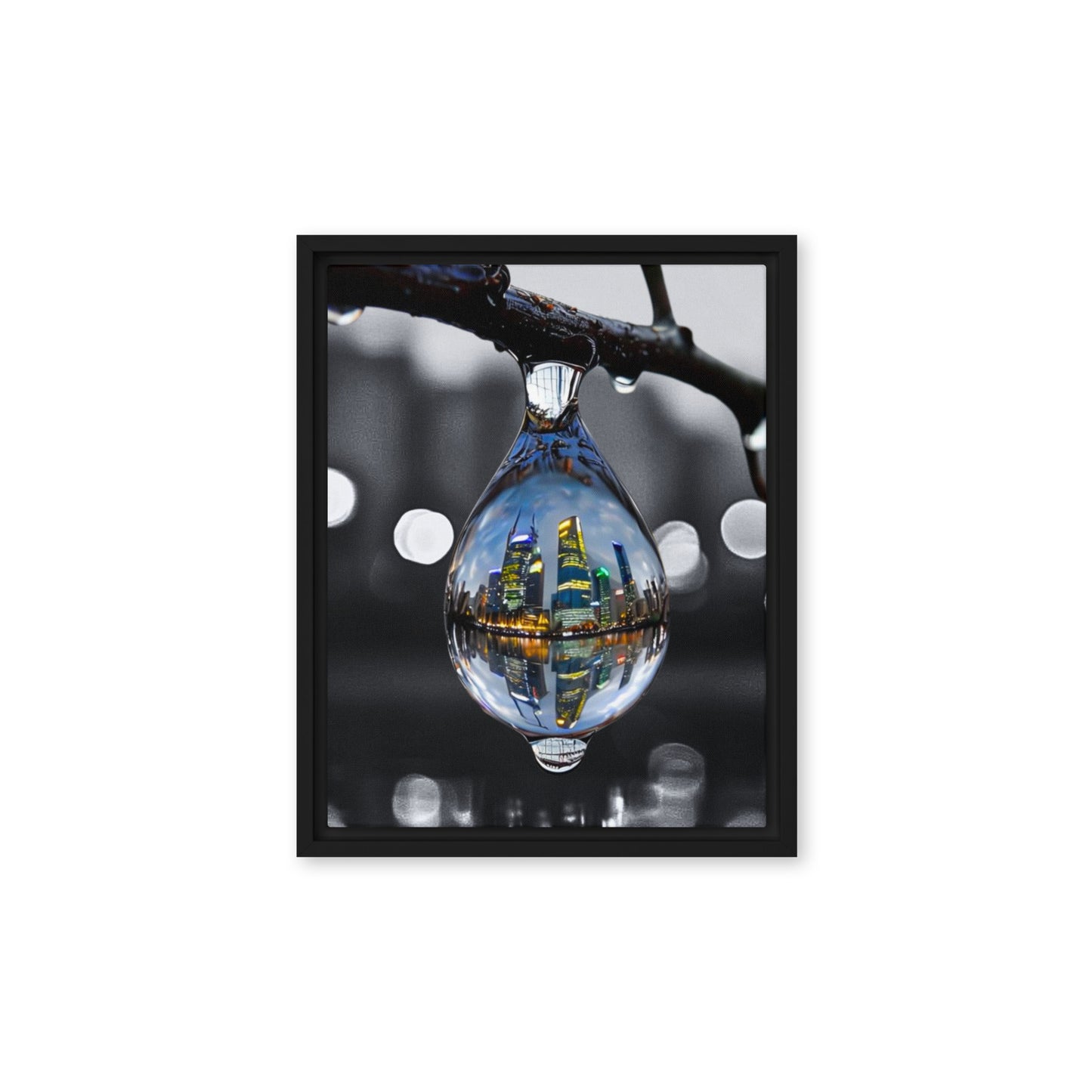 Framed canvas art print of a colorful city skyline reflected in a water droplet. Features unique abstract photography with vibrant colors against a monochrome background. Modern and stylish wall decor.