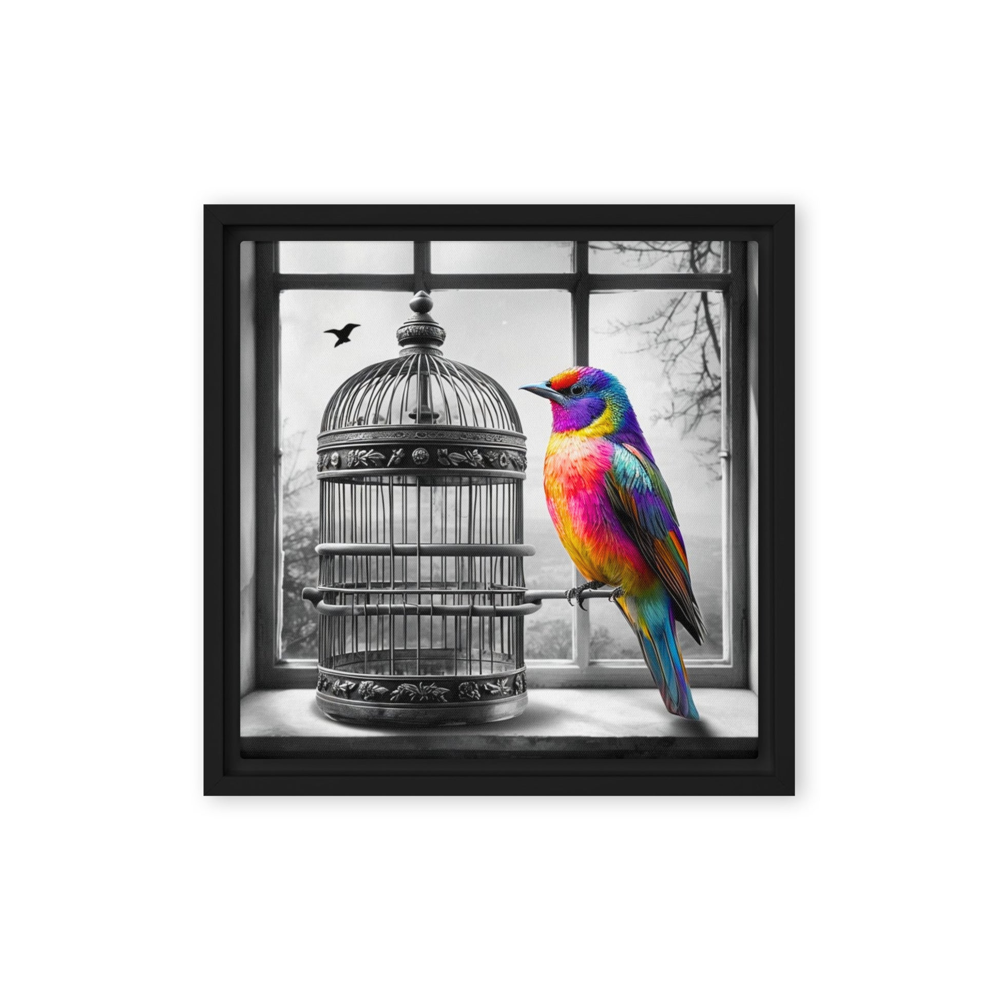 Framed canvas art print featuring a colorful rainbow bird next to a black and white birdcage. Symbolic wall decor for modern and unique home spaces.