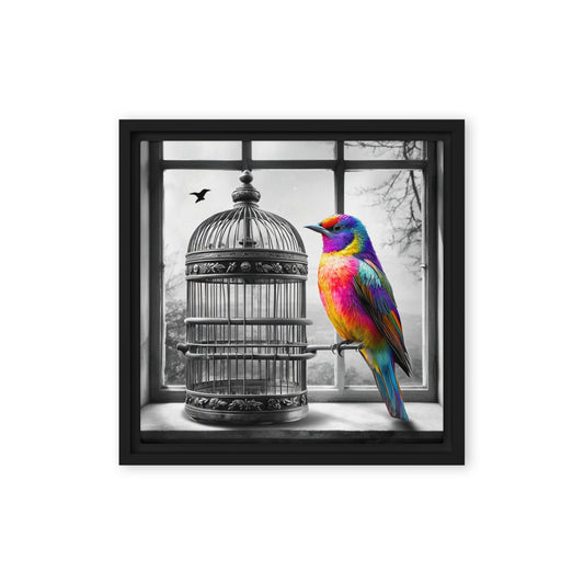 Framed canvas art print featuring a colorful rainbow bird next to a black and white birdcage. Symbolic wall decor for modern and unique home spaces.