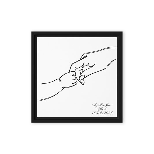 Personalized baby hand in hand line art canvas print featuring minimalist design, customizable with names and dates, perfect for nursery decor or a heartfelt gift.