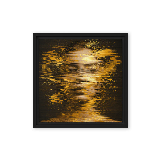 Black framed "{{product-type}}" with an abstract design of shimmering gold light on a dark background. The "{{title}}" art is a modern and calming piece for inner peace.