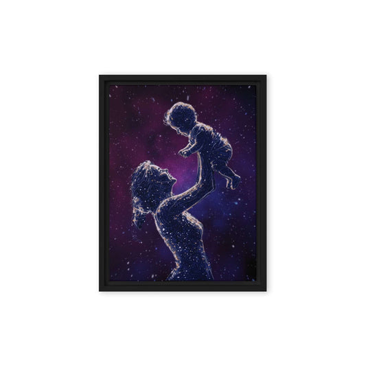Framed art titled 'Celestial Motherhood – Cosmic Starry Night,' featuring a cosmic design with a mother and child under a starry sky, perfect for elegant and meaningful home decor.