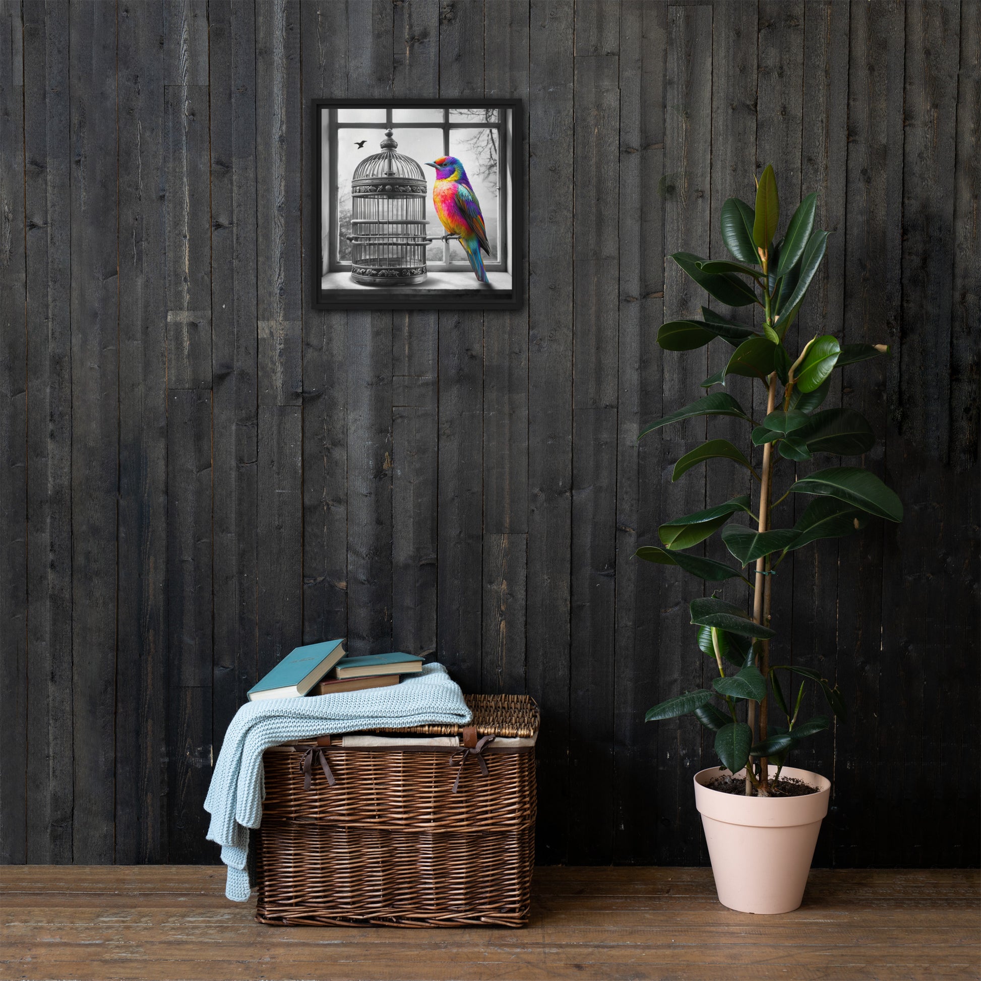 Framed canvas art print featuring a colorful rainbow bird next to a black and white birdcage. Symbolic wall decor for modern and unique home spaces.